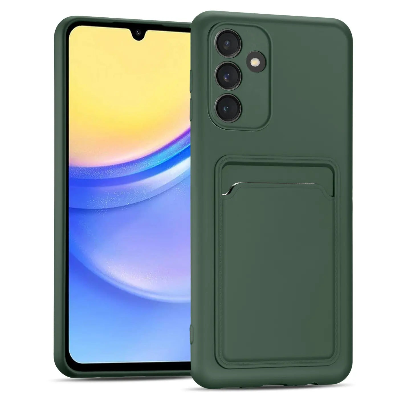 Dunkelgrüne Handyhülle aus Silikon mit Kartenfach, Vorderansicht, Samsung Galaxy A15.