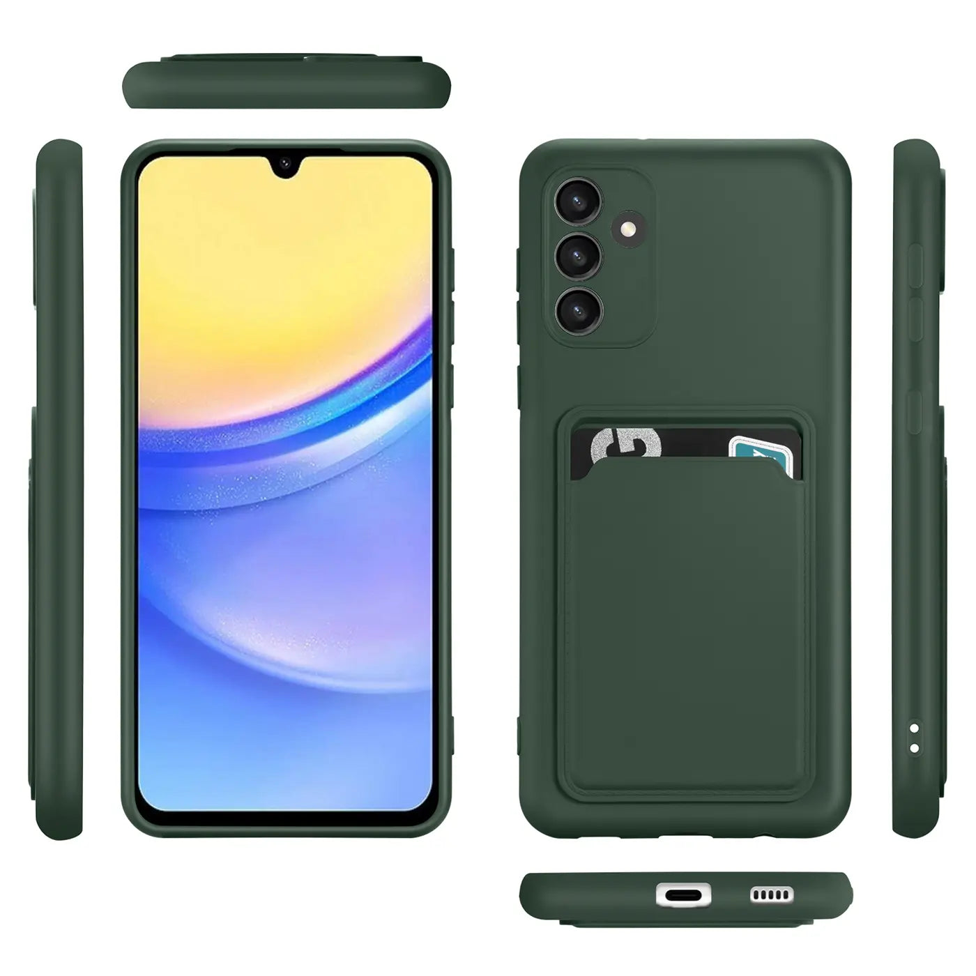 Dunkelgrüne Slim Hülle aus Kunststoff mit Kartenfach für Samsung Galaxy A15 4G/5G. Mehrere Ansichten.