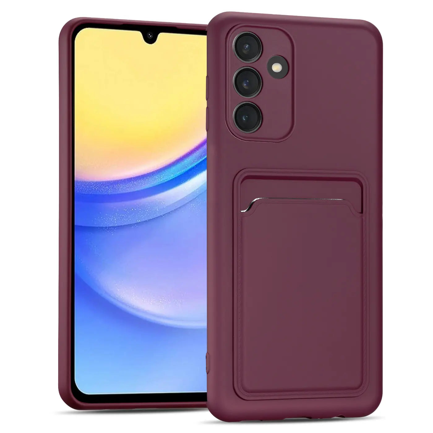 Dunkelrote Slim Hülle aus Kunststoff mit Kartenfach, Vorder- und Rückansicht, Samsung Galaxy A15 4G/5G.