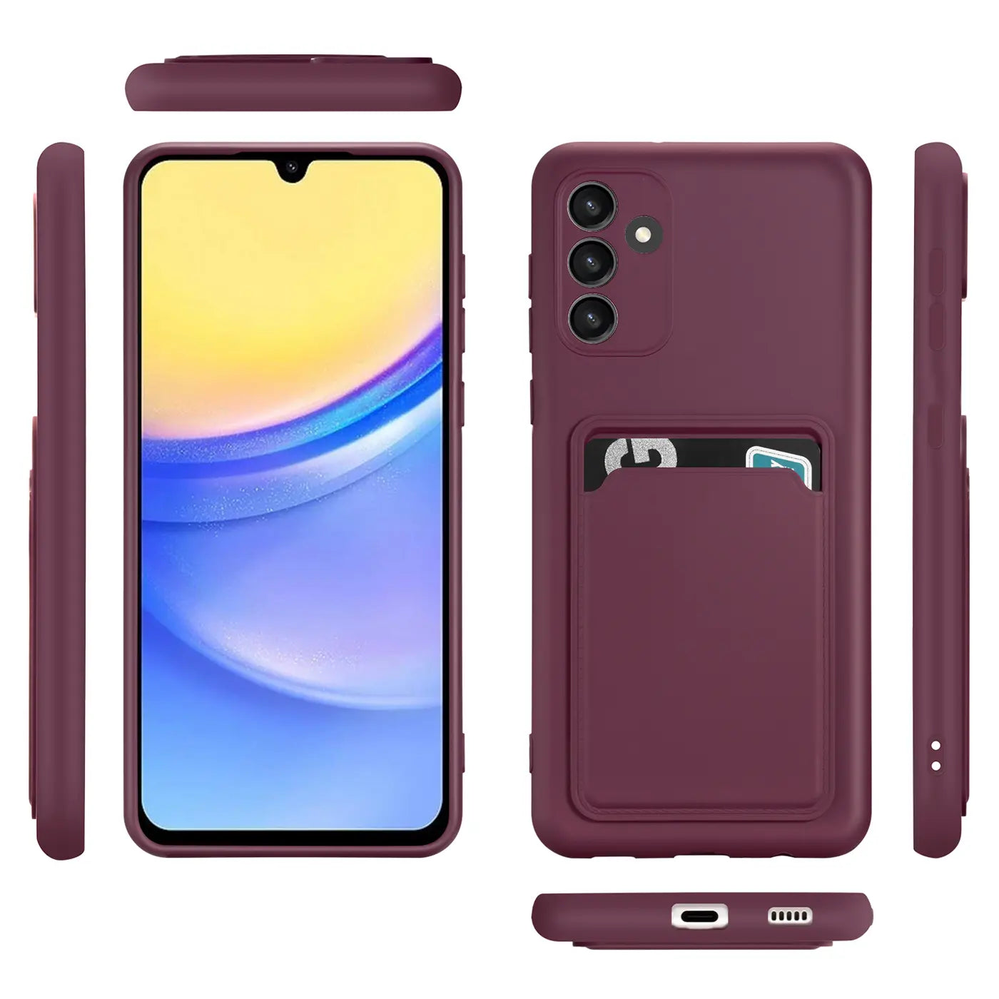 Dunkelrote Handyhülle aus Silikon mit Kartenfach, zeigt Vorder- und Rückseite, Seitenansicht und Unterseite eines Samsung.
