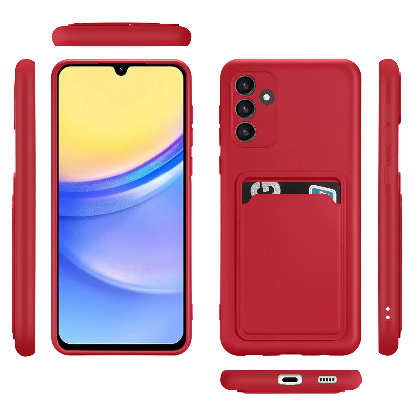 Rote Handyhülle aus Silikon mit Kartenfach, Vorder- und Rückansicht, Samsung Galaxy A15 4G/5G.