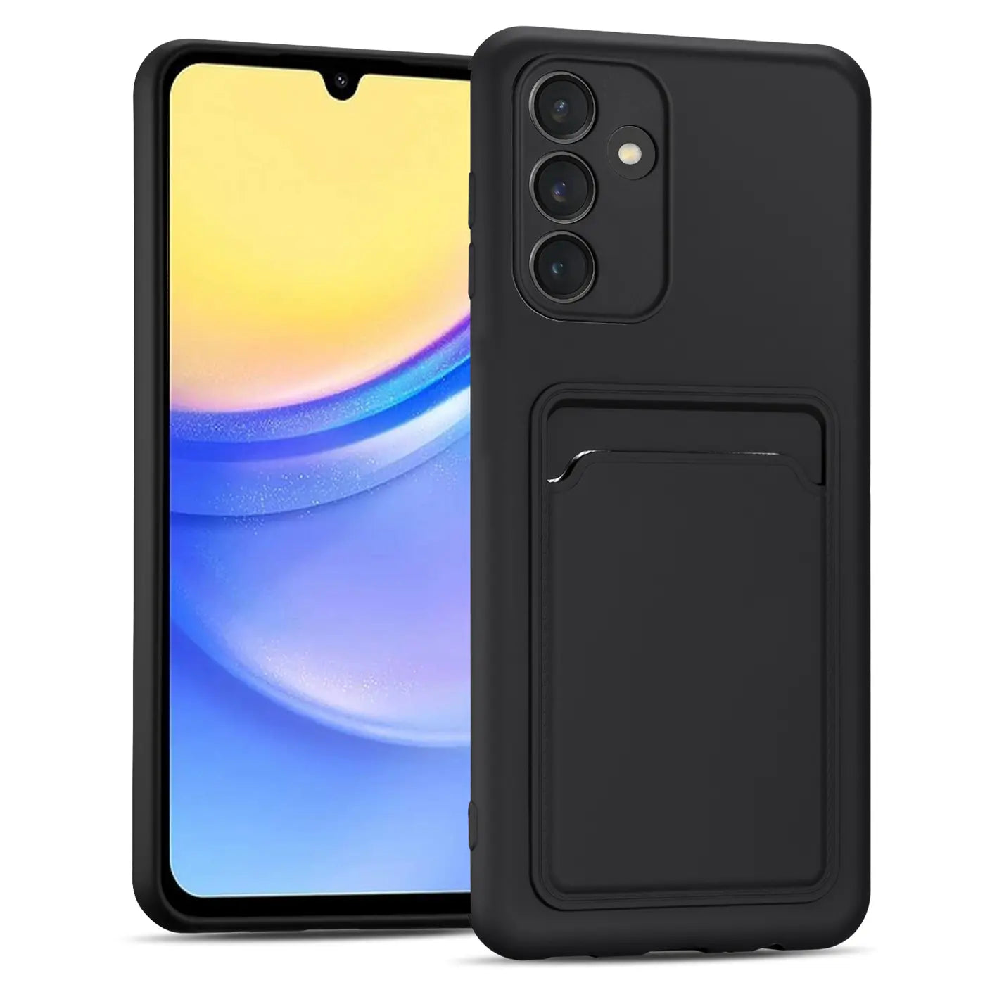 Schwarze Slim Hülle aus Kunststoff mit Kartenfach, Vorder- und Rückansicht, Samsung Galaxy A15 4G/5G.