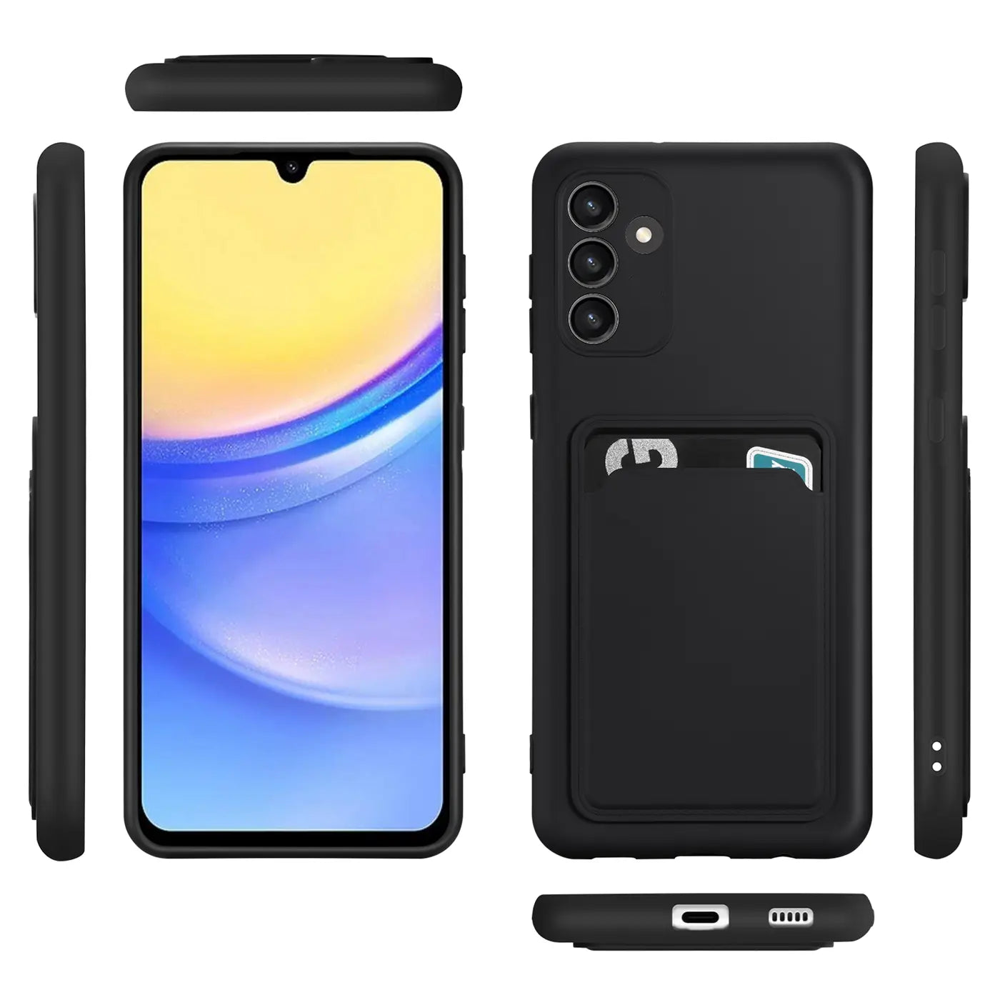 Schwarze Handyhülle aus Kunststoff mit Kartenfach, Vorder-/Rück-/Seitenansicht, Samsung Galaxy A15 4G/5G.