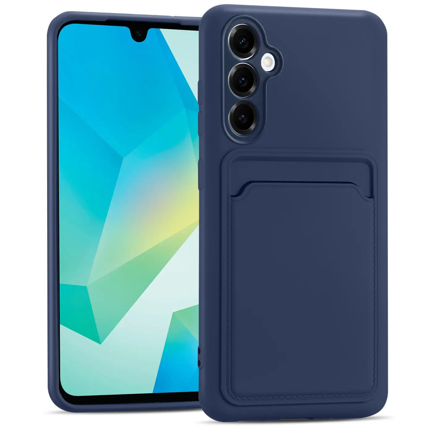 Dunkelblaue Slim Hülle aus Silikon mit Kartenfach, zeigt Samsung Galaxy A16 5G.