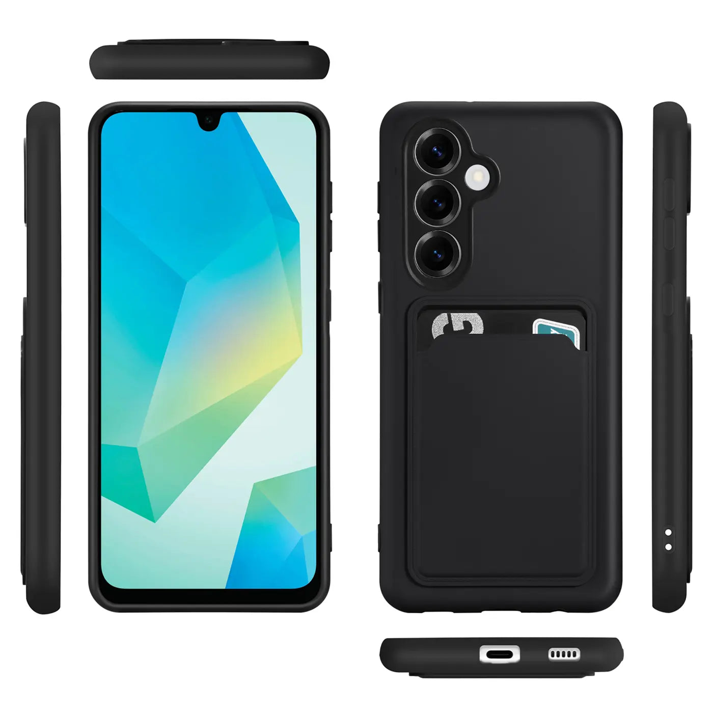 Schwarze Slim Hülle aus Kunststoff mit Kartenfach für Samsung Galaxy A16 5G, verschiedene Ansichten.