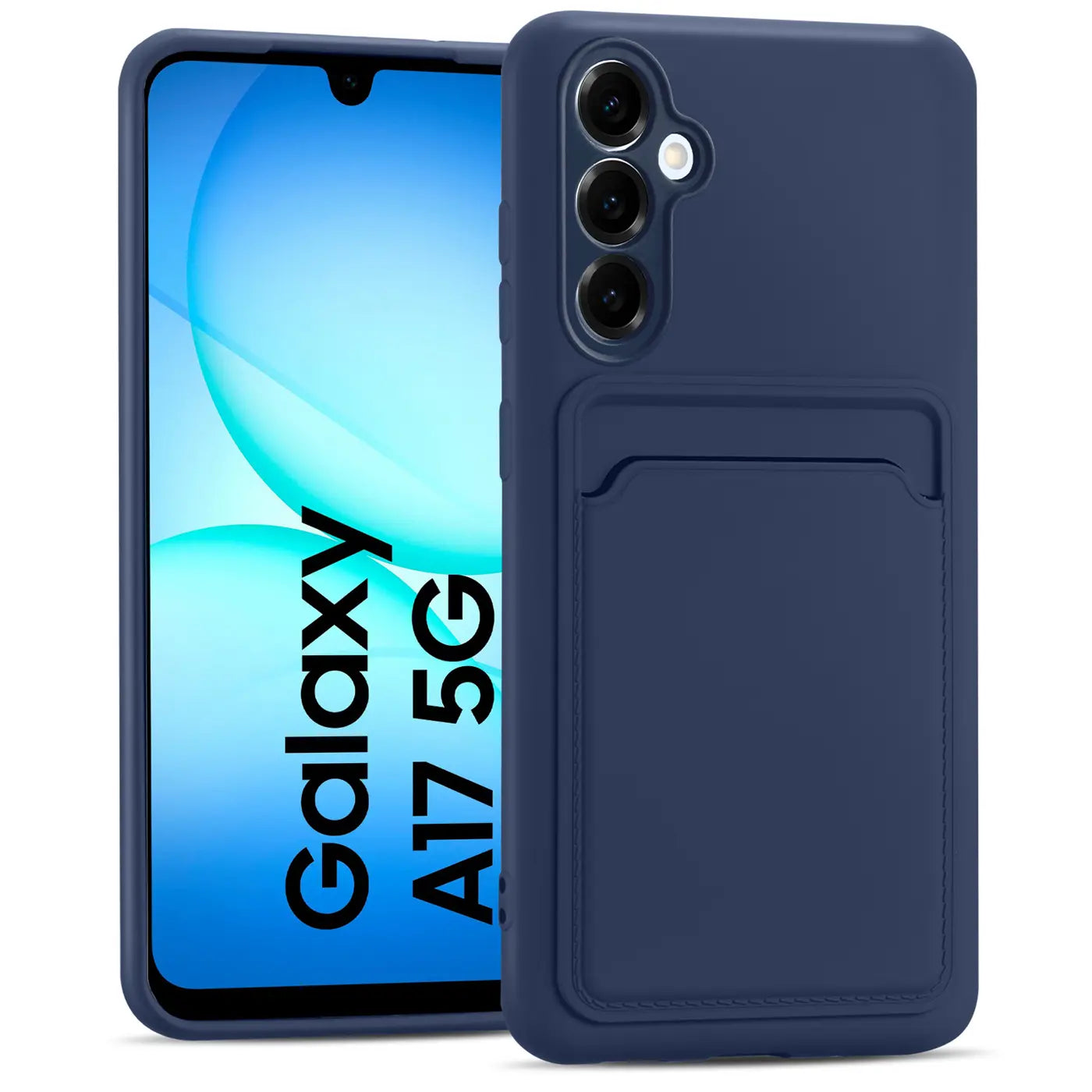 Dunkelblaue Slim Hülle aus Silikon mit Kartenfach, Vorderansicht, Samsung Galaxy A17 5G.