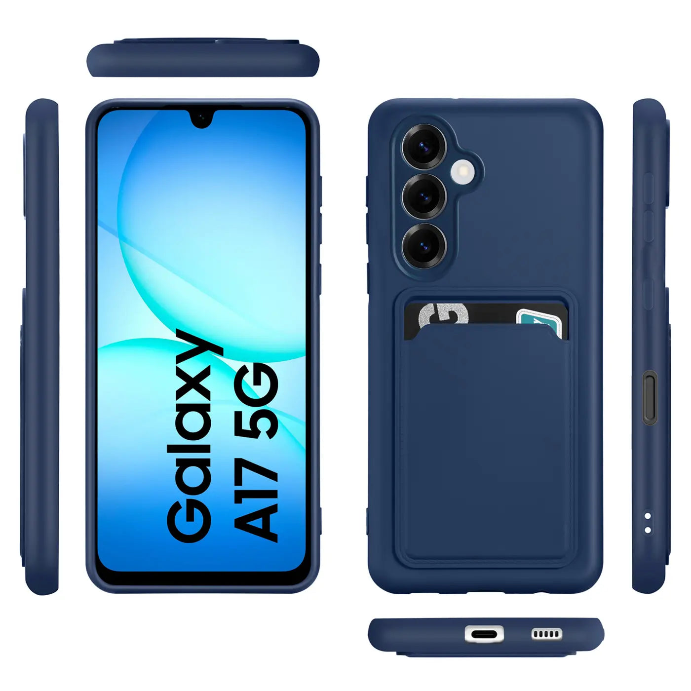 Dunkelblaue Slim Hülle mit Kartenfach für Samsung Galaxy A17 5G, verschiedene Ansichten.