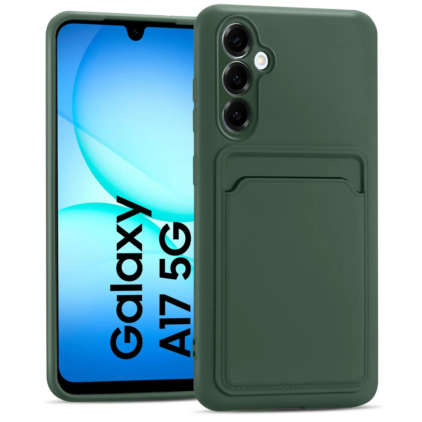 Dunkelgrüne Slim Hülle aus Kunststoff mit Kartenfach, Vorderansicht, Samsung Galaxy A17 5G.
