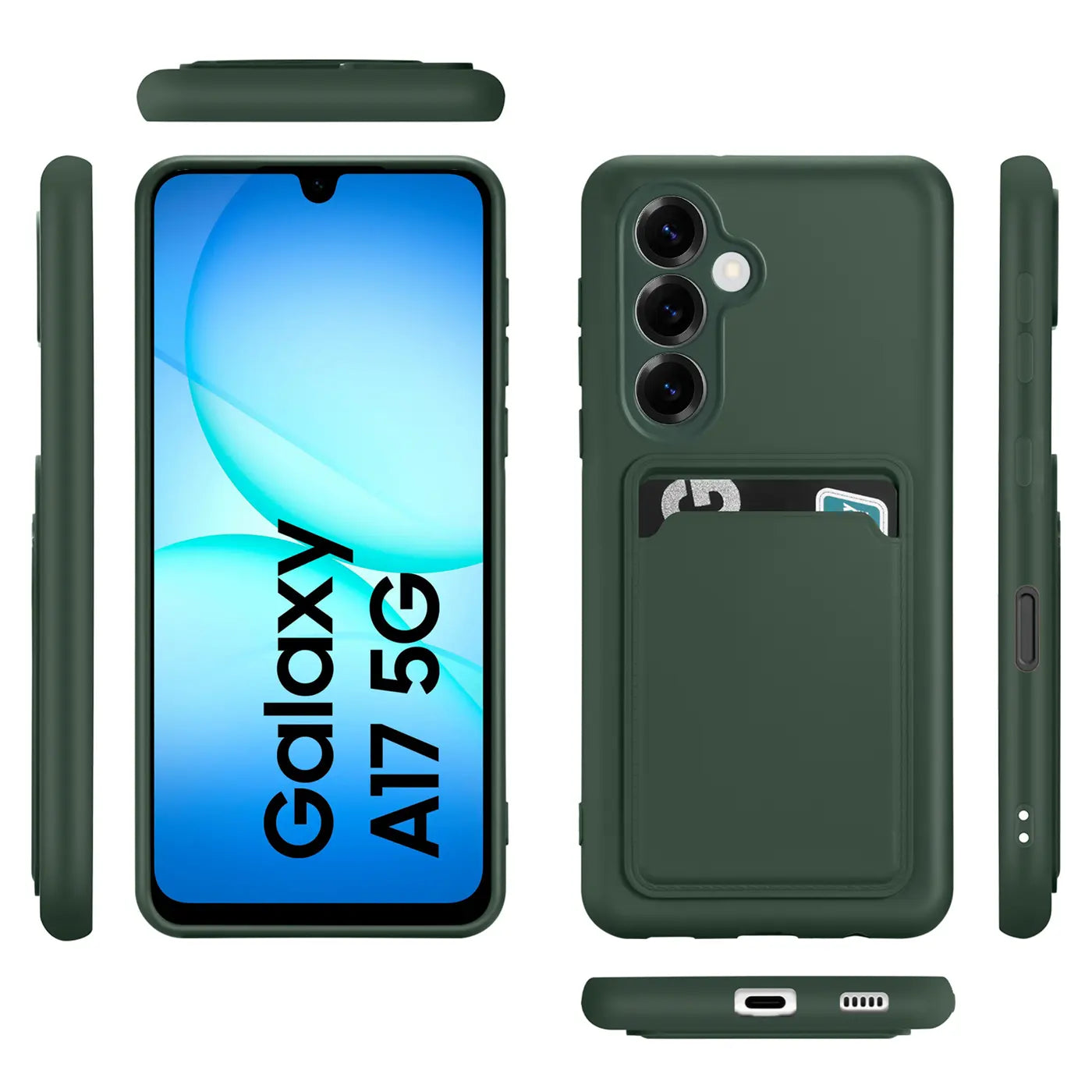 Dunkelgrüne Slim Hülle aus Silikon mit Kartenfach für Samsung Galaxy A17 5G, verschiedene Ansichten.