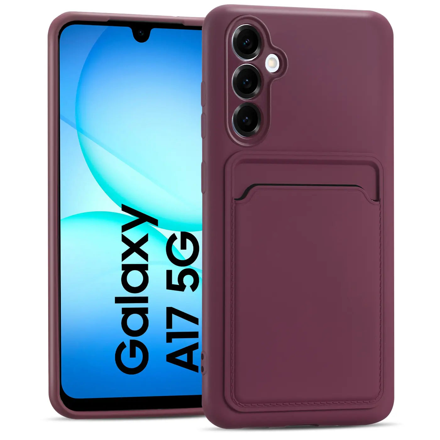 Dunkelrote Slim Hülle aus Silikon mit Kartenfach für Samsung Galaxy A17 5G, Vorderansicht.