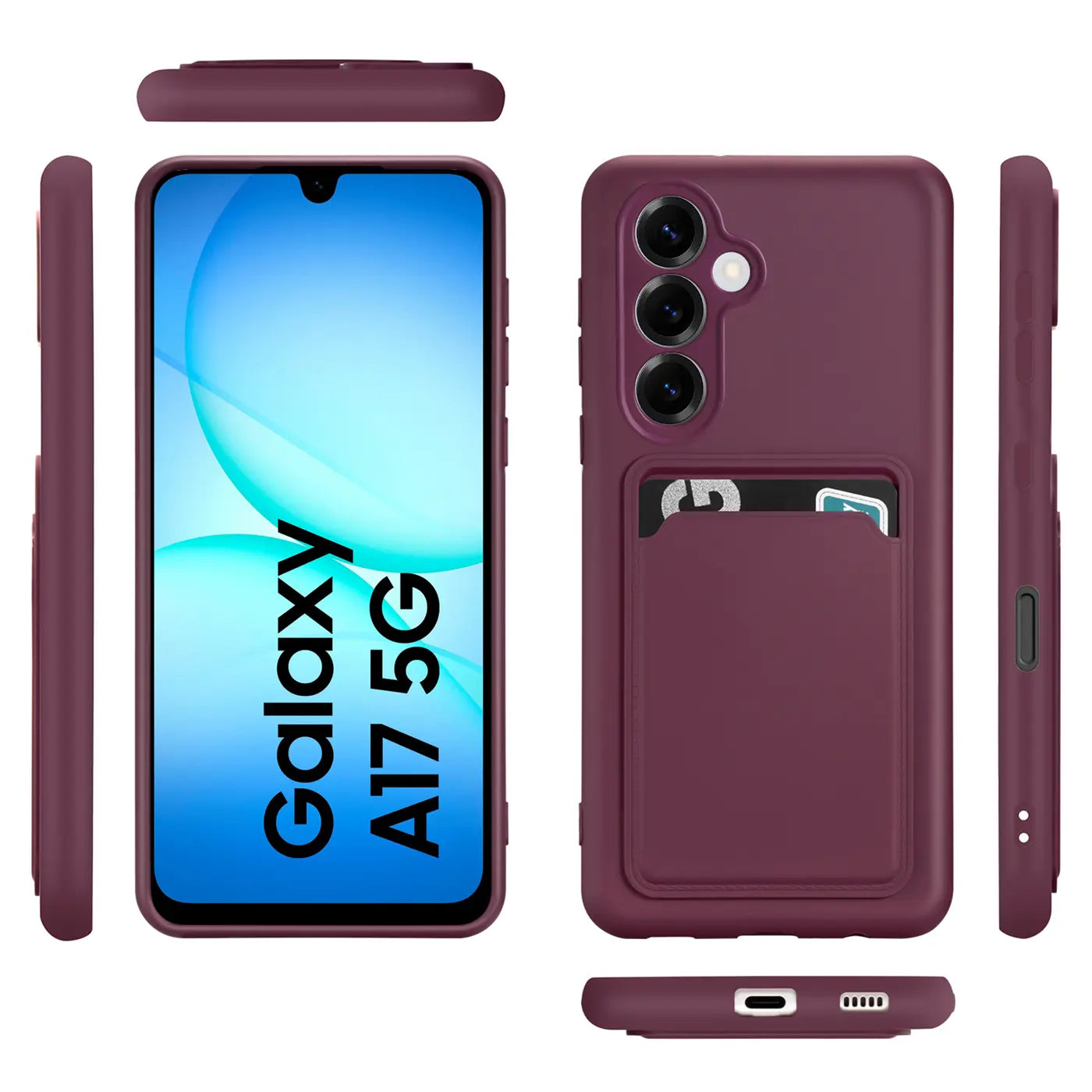 Dunkelrote Slim Hülle mit Kartenfach für Samsung Galaxy A17 5G, verschiedene Ansichten