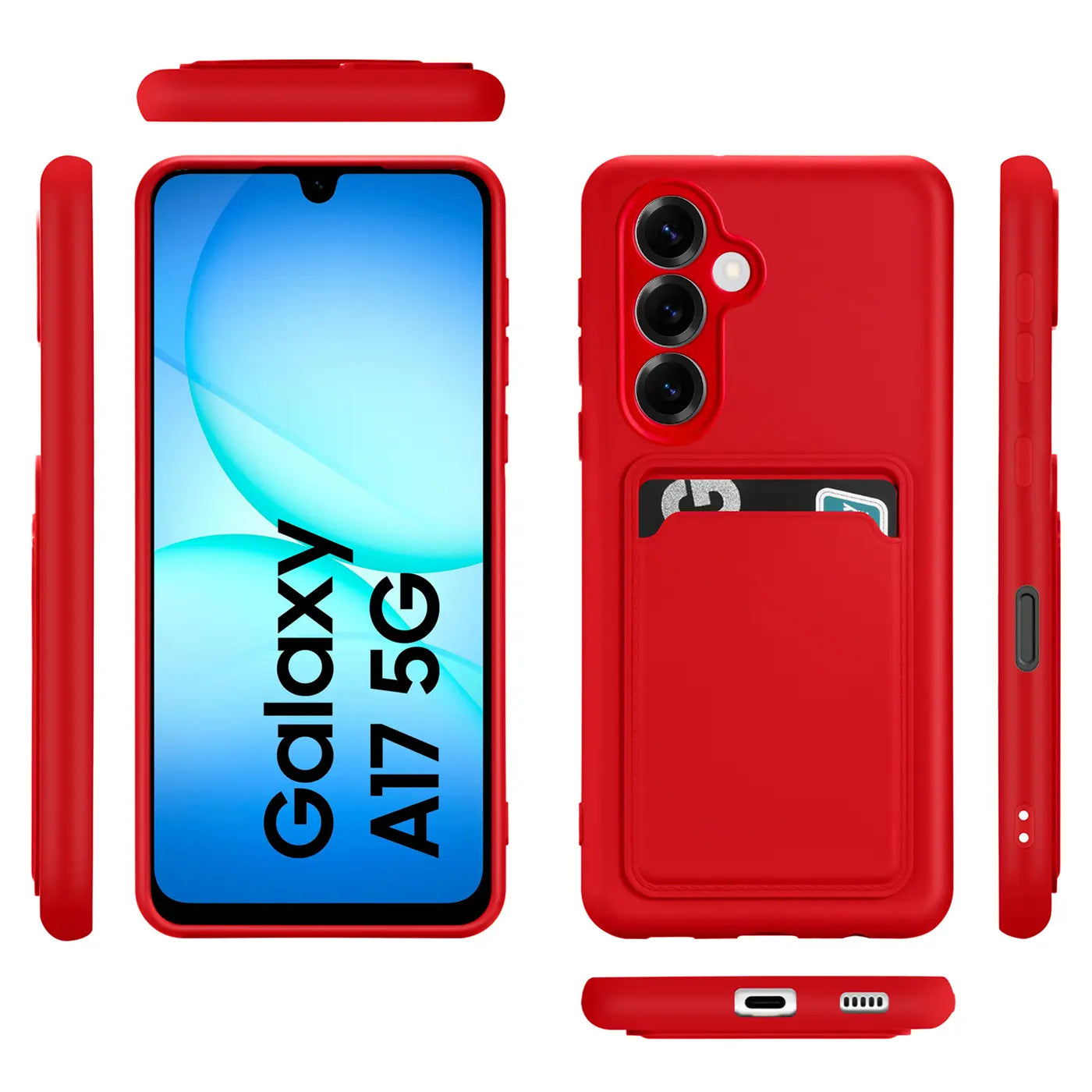 Rote Slim Hülle aus Kunststoff mit Kartenfach für Samsung Galaxy A17 5G, verschiedene Ansichten.