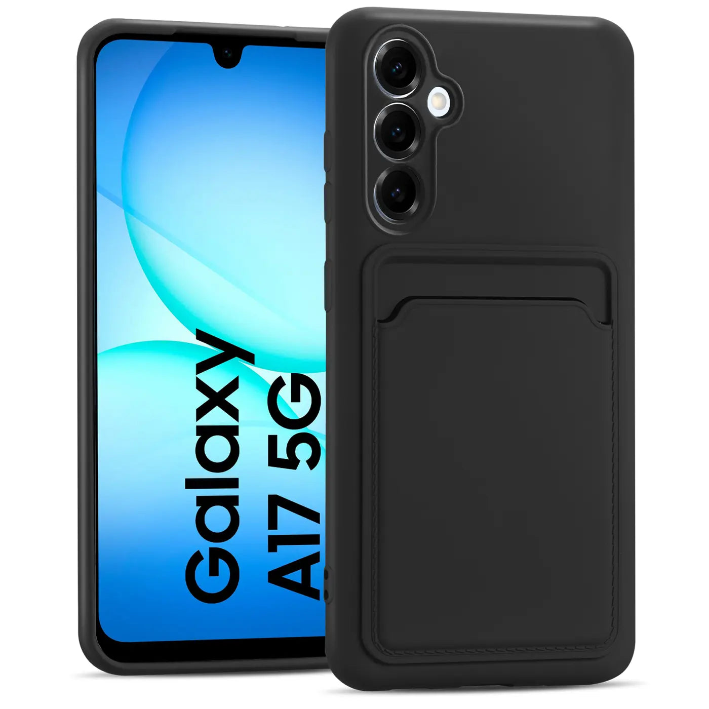 Schwarze Slim Hülle aus TPU mit Kartenfach, zeigt Samsung Galaxy A17 5G.