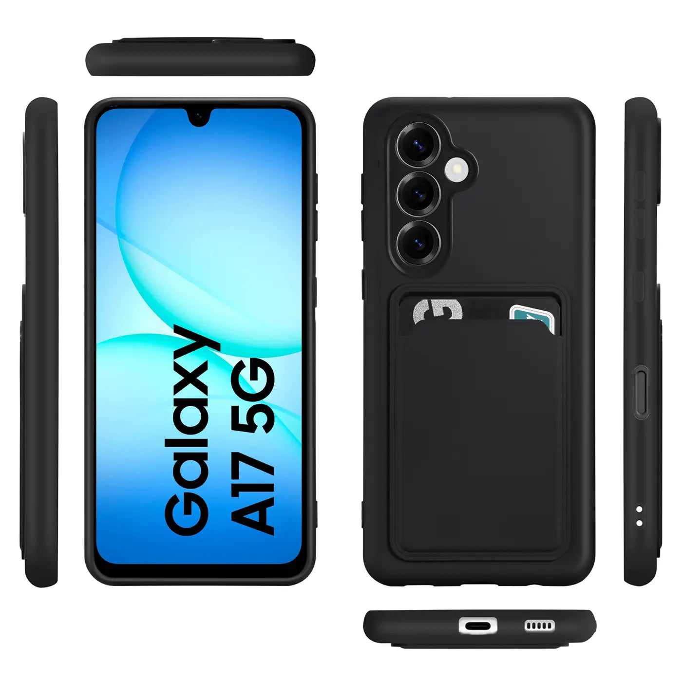 Schwarze Slim Hülle aus Kunststoff mit Kartenfach für Samsung Galaxy A17 5G, verschiedene Ansichten.