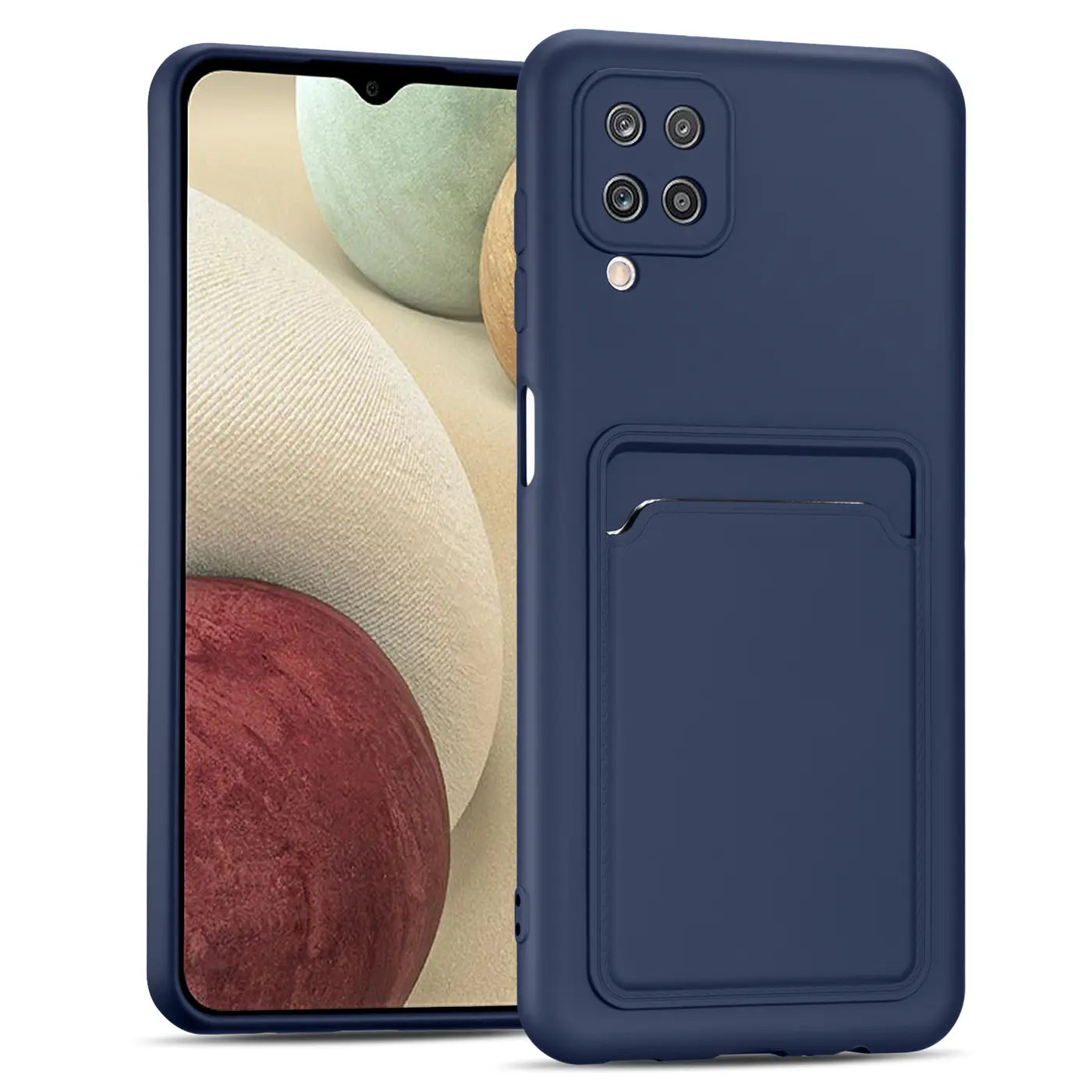 Dunkelblaue Slim Hülle aus Kunststoff mit Kartenfach, Vorderansicht, Samsung Galaxy A22 4G.