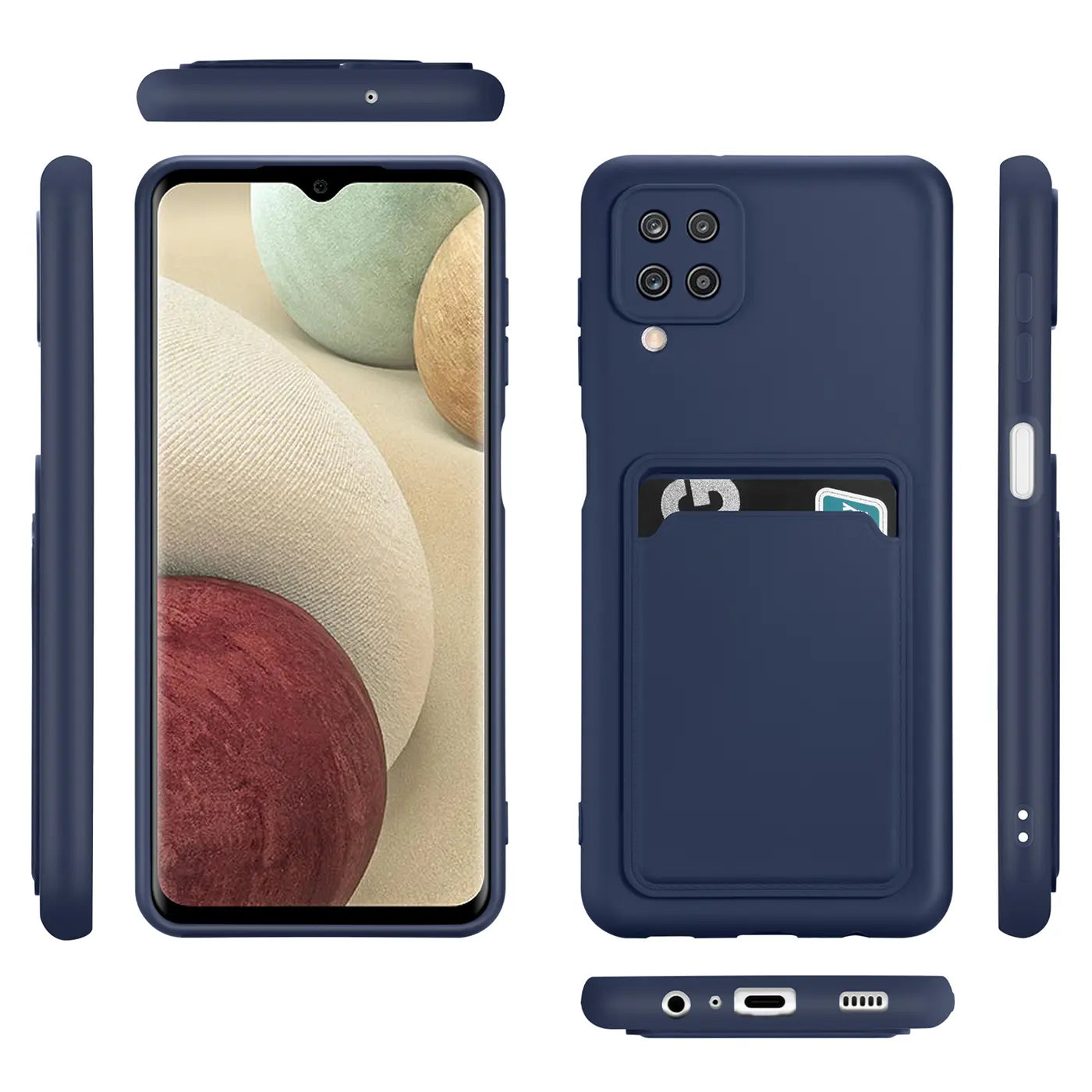 Dunkelblaue Slim Hülle aus Kunststoff mit Kartenfach, Vorder- und Rückansicht, zeigt Samsung Galaxy A22 4G.