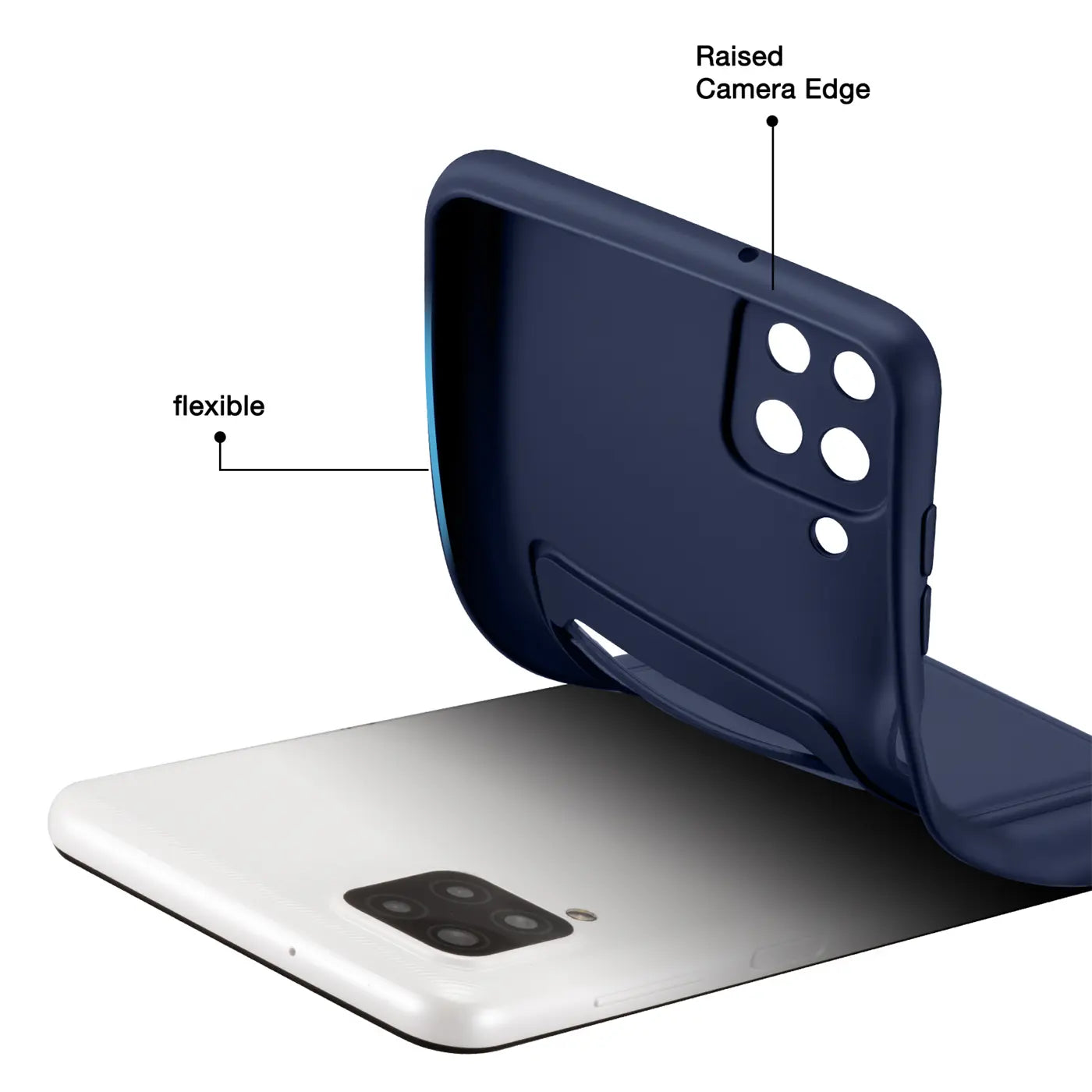 Dunkelblaue, flexible Handyhülle aus Silikon, von hinten gezeigt, auf einem weißen Smartphone.