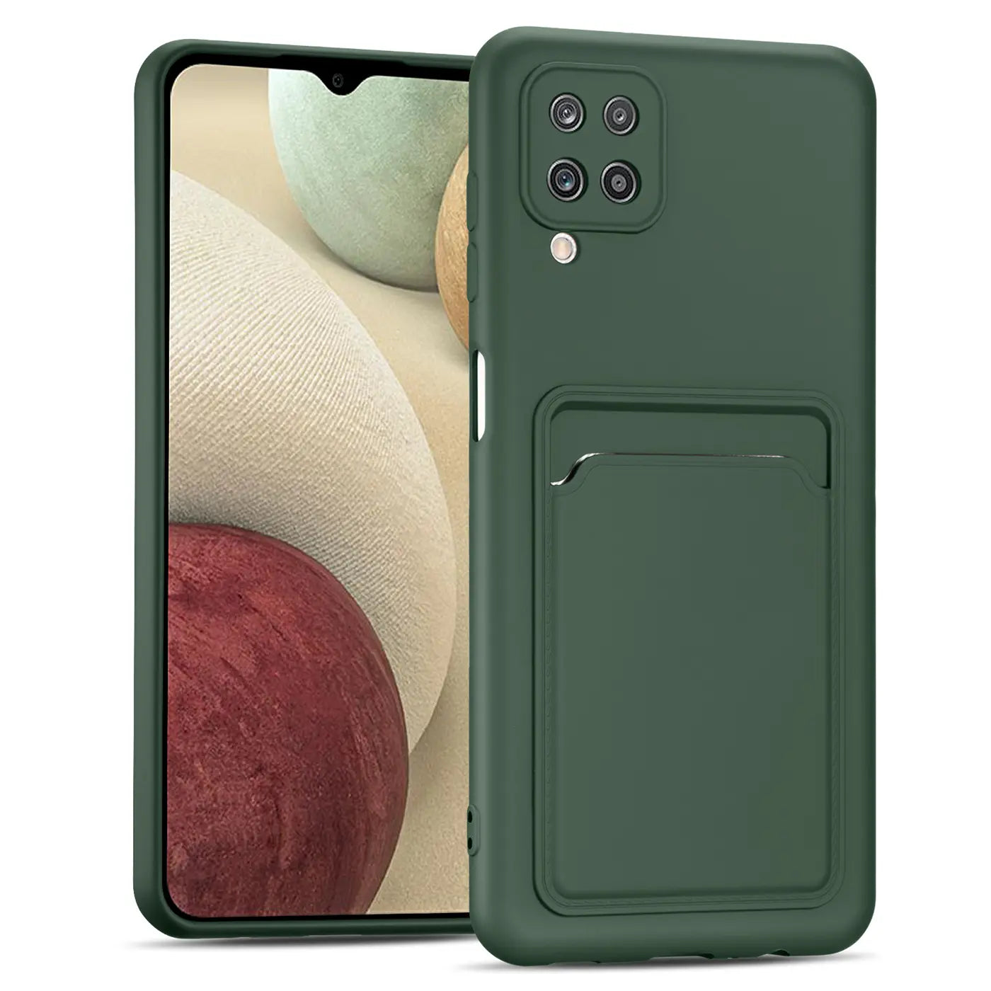 Dunkelgrüne Slim Hülle aus Kunststoff mit Kartenfach, Vorder- und Rückansicht, Samsung Galaxy A22 4G