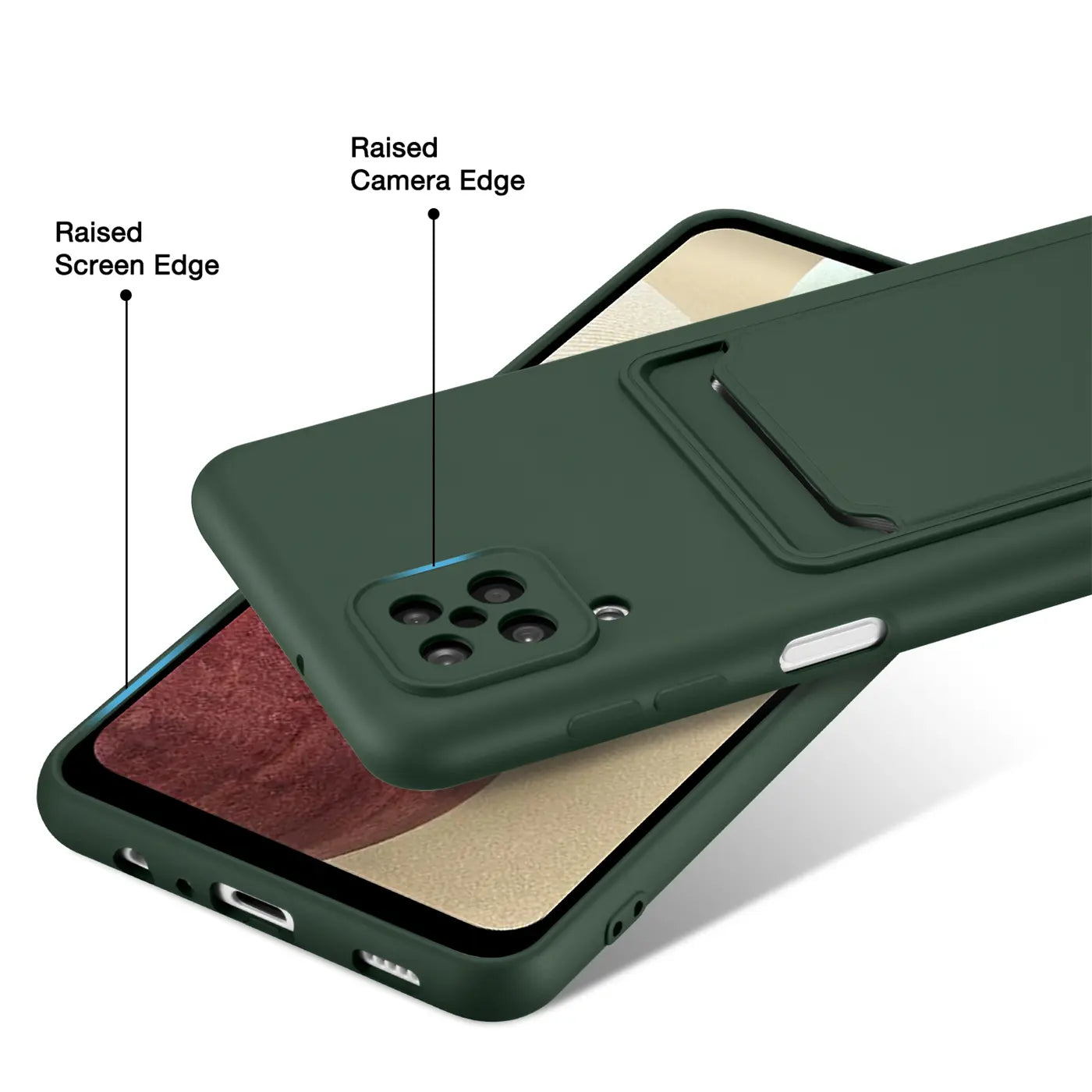 Dunkelgrüne Slim Hülle aus Kunststoff mit Kartenfach, zeigt Samsung A22 4G/M32/M22.