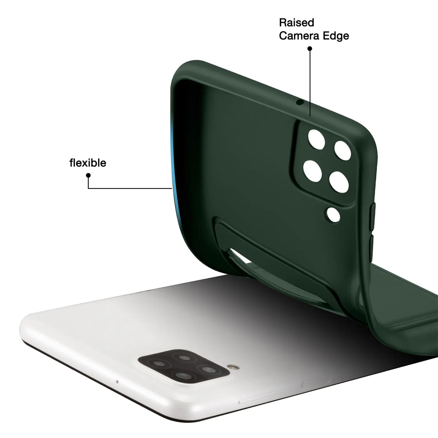 Dunkelgrüne, flexible Handyhülle wird auf weißes Samsung Galaxy A22 4G aufgelegt.