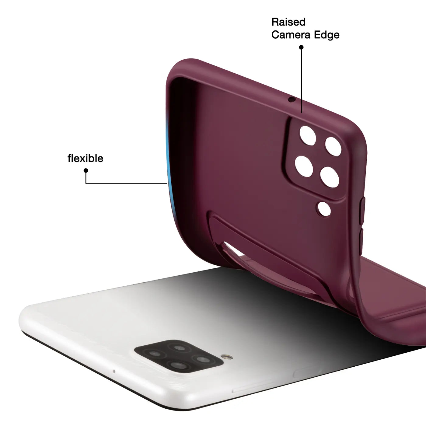 Dunkelrote, flexible Handyhülle aus Silikon, von hinten gezeigt, über einem weißen Samsung Galaxy A22.