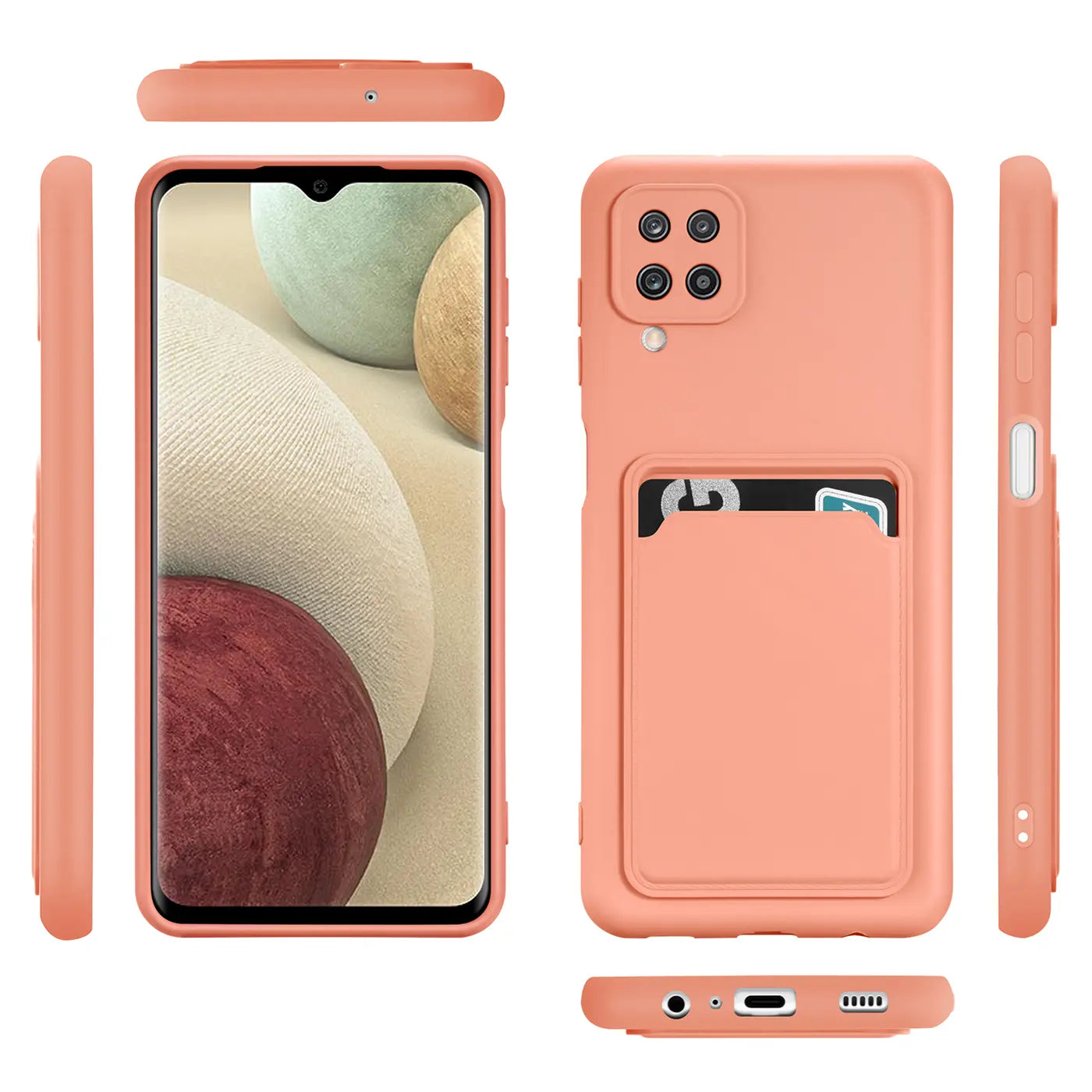 Orange Hülle mit Kartenfach für Samsung Galaxy A22 4G/M32/M22, verschiedene Ansichten.