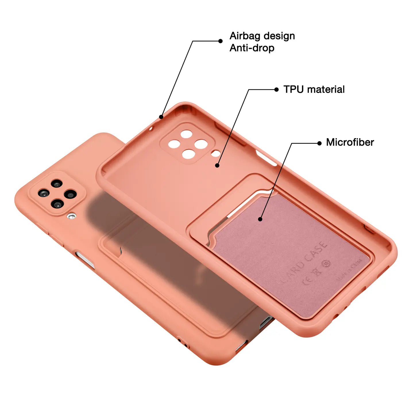 Orange TPU Hülle mit Kartenfach, von schräg oben, zeigt Rückseite eines Handys.