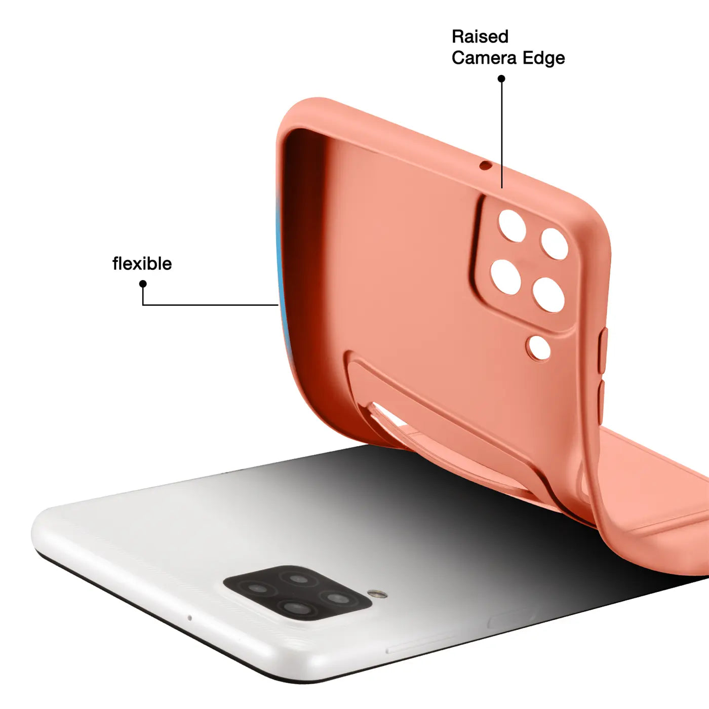 Korallefarbene Silikonhülle mit Kartenfach, von hinten gezeigt, auf weißem Samsung Galaxy A22 4G.