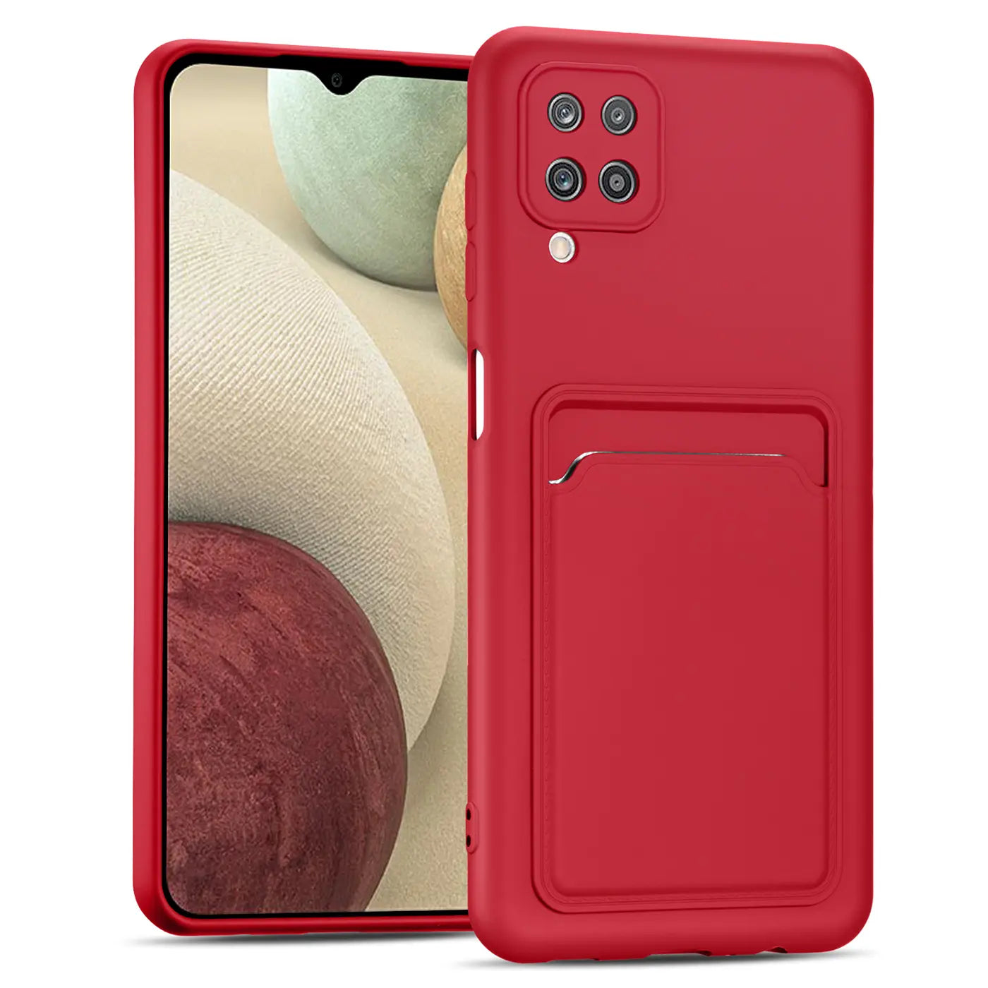 Rote Slim Hülle aus Kunststoff mit Kartenfach, Vorder- und Rückansicht, zeigt Samsung Galaxy A22 4G.