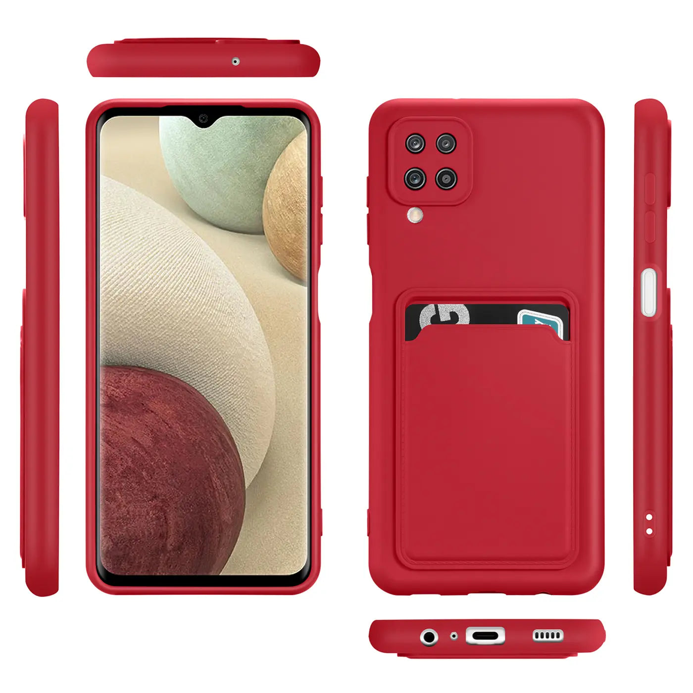 Rote Slim Hülle aus Kunststoff mit Kartenfach, Vorder- und Rückansicht, Samsung Galaxy A22 4G.