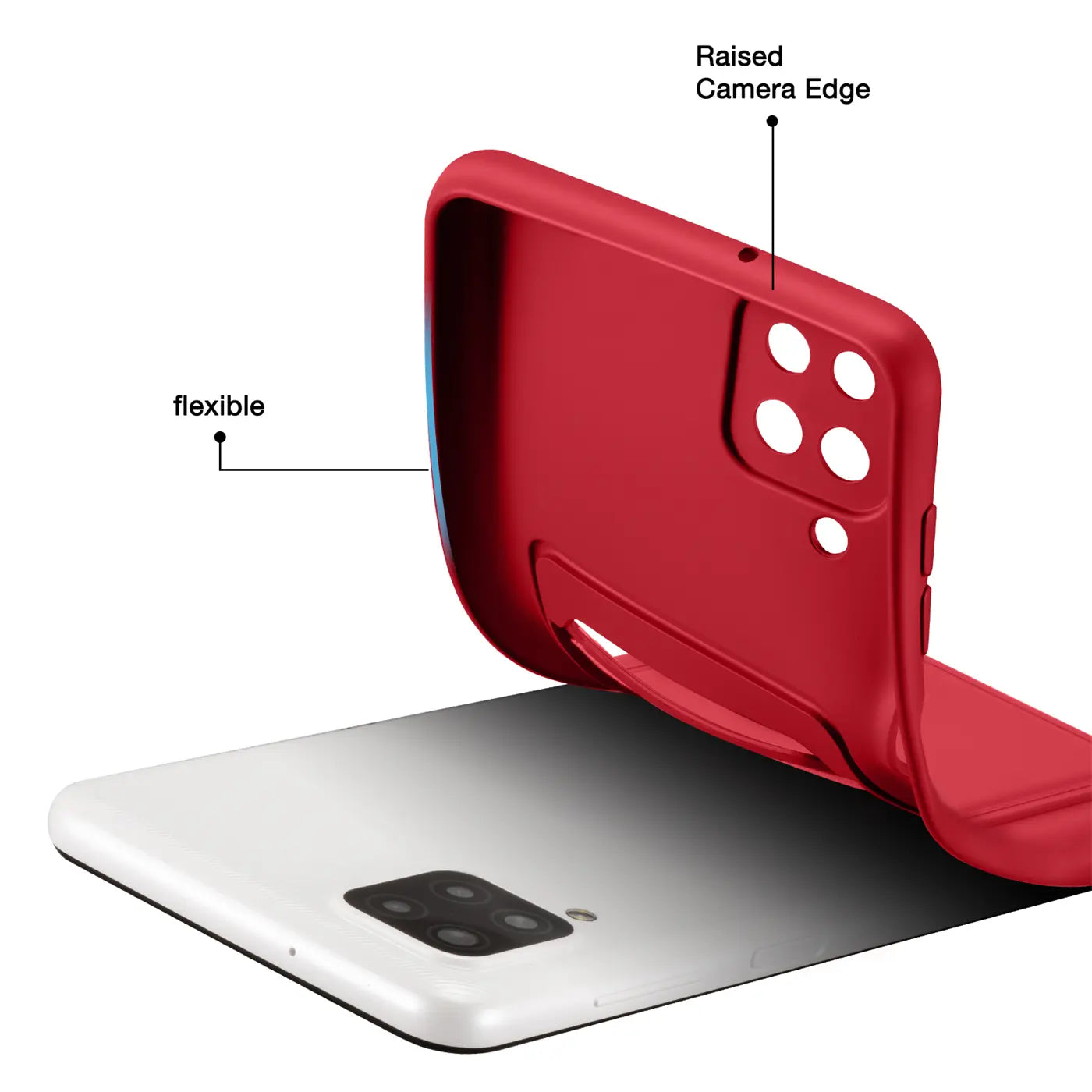 Rote flexible Hülle mit Kartenfach, von hinten auf ein weißes Samsung Galaxy A22 4G/M32/M22 gelegt.