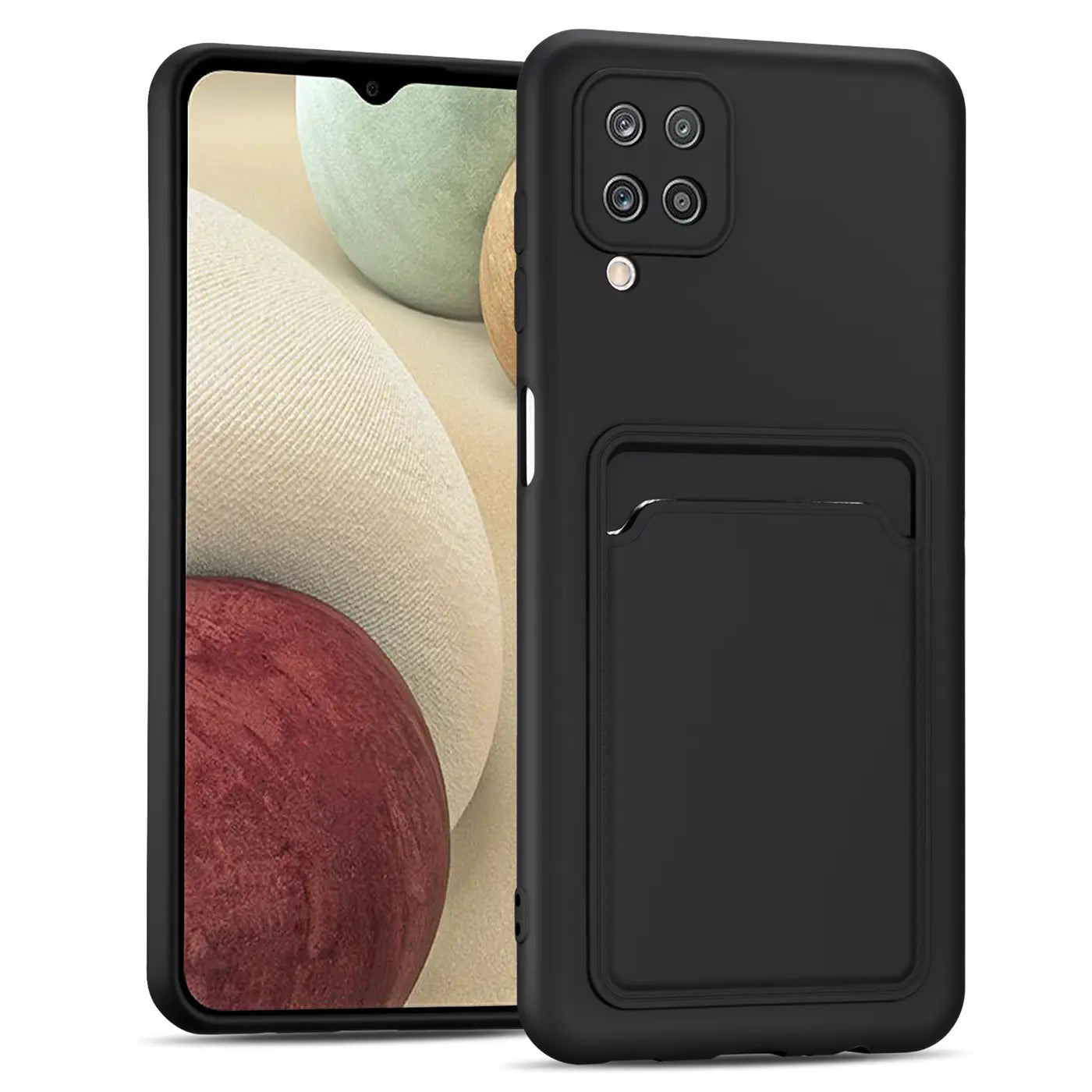 Schwarze Slim Hülle aus Kunststoff mit Kartenfach, von vorne/leicht schräg, zeigt ein Samsung Galaxy A22 4G.