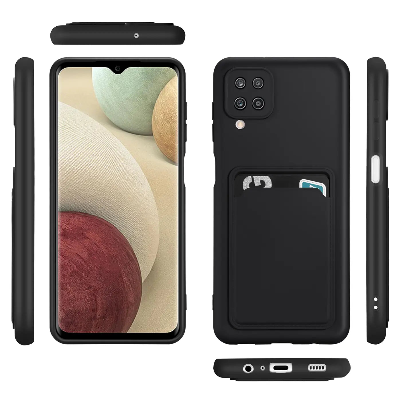 Schwarze Slim Hülle aus Kunststoff mit Kartenfach für Samsung Galaxy A22 4G/M32/M22.