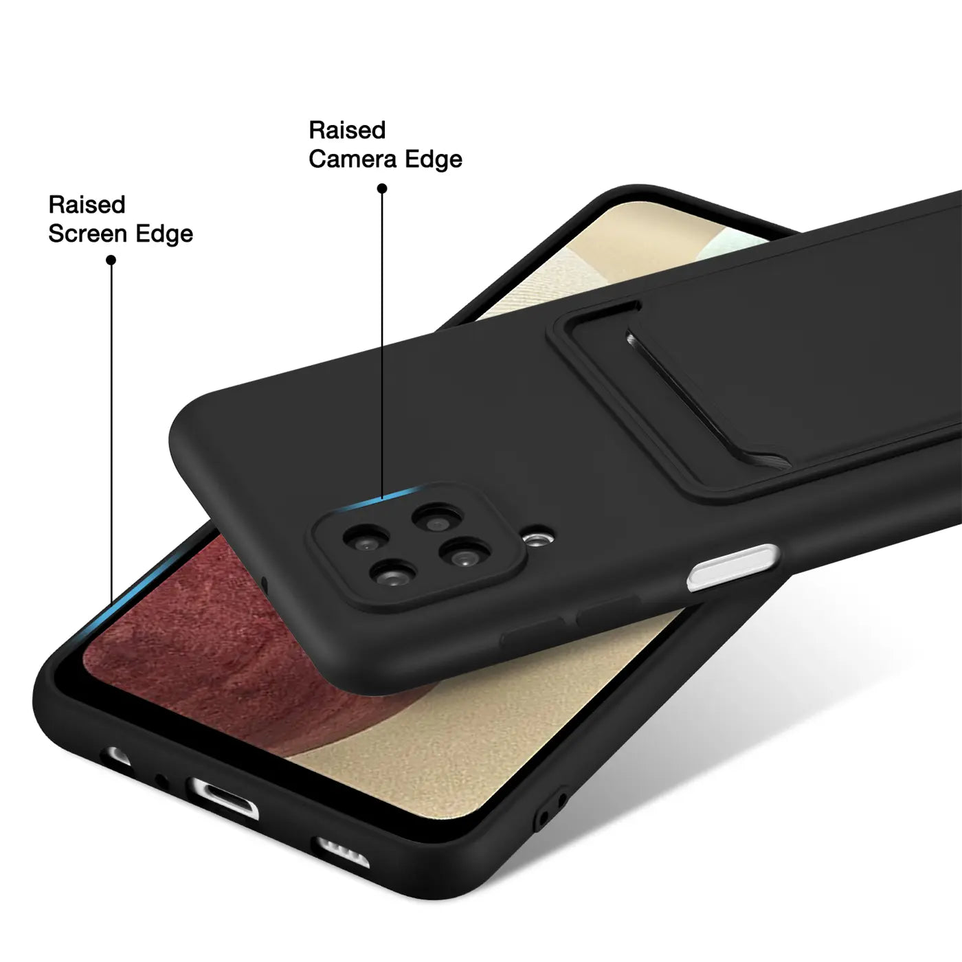 Schwarze Slim Hülle aus Kunststoff mit Kartenfach, zeigt Samsung A22 4G/M32/M22, Nahaufnahme