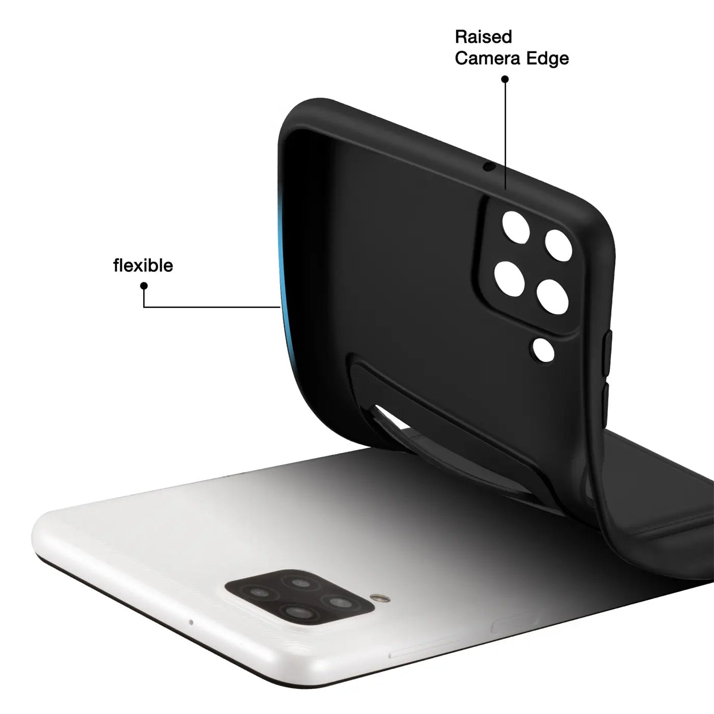 Schwarze, flexible Hülle wird auf weißes Samsung Galaxy A22 4G/M32/M22 gelegt.