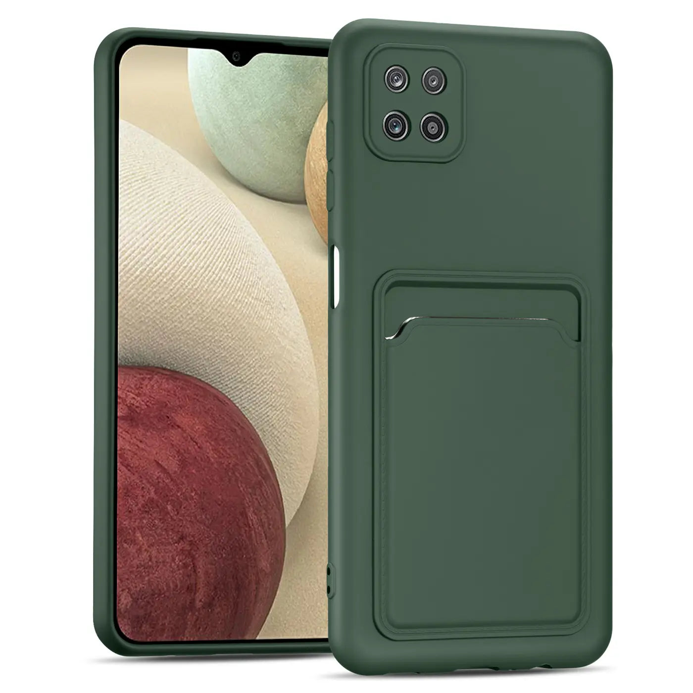 Dunkelgrüne Slim Hülle aus Kunststoff mit Kartenfach für Samsung Galaxy A22 5G, Vorderansicht.