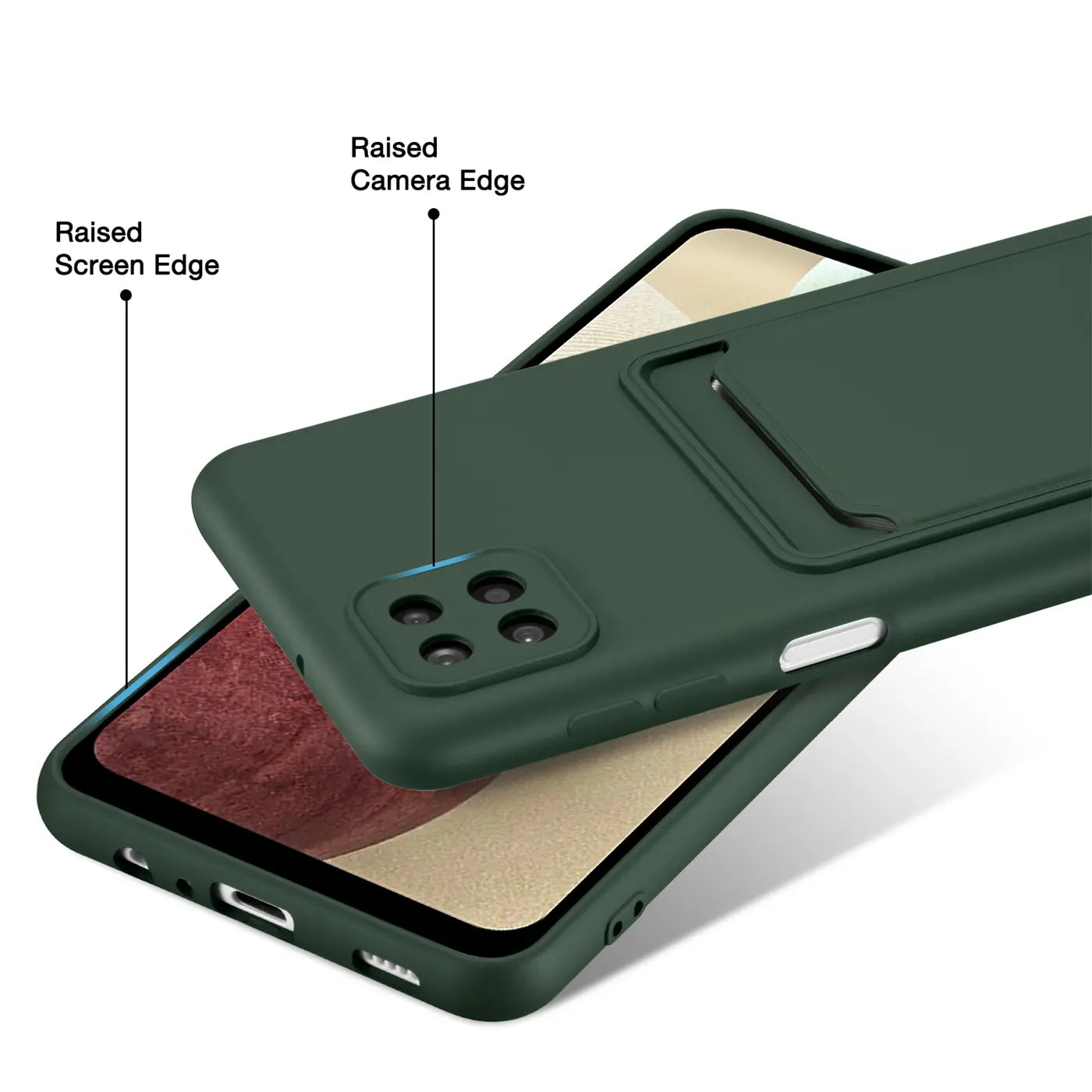 Dunkelgrüne Slim Hülle mit Kartenfach, von schräg oben auf Samsung Galaxy A22 5G