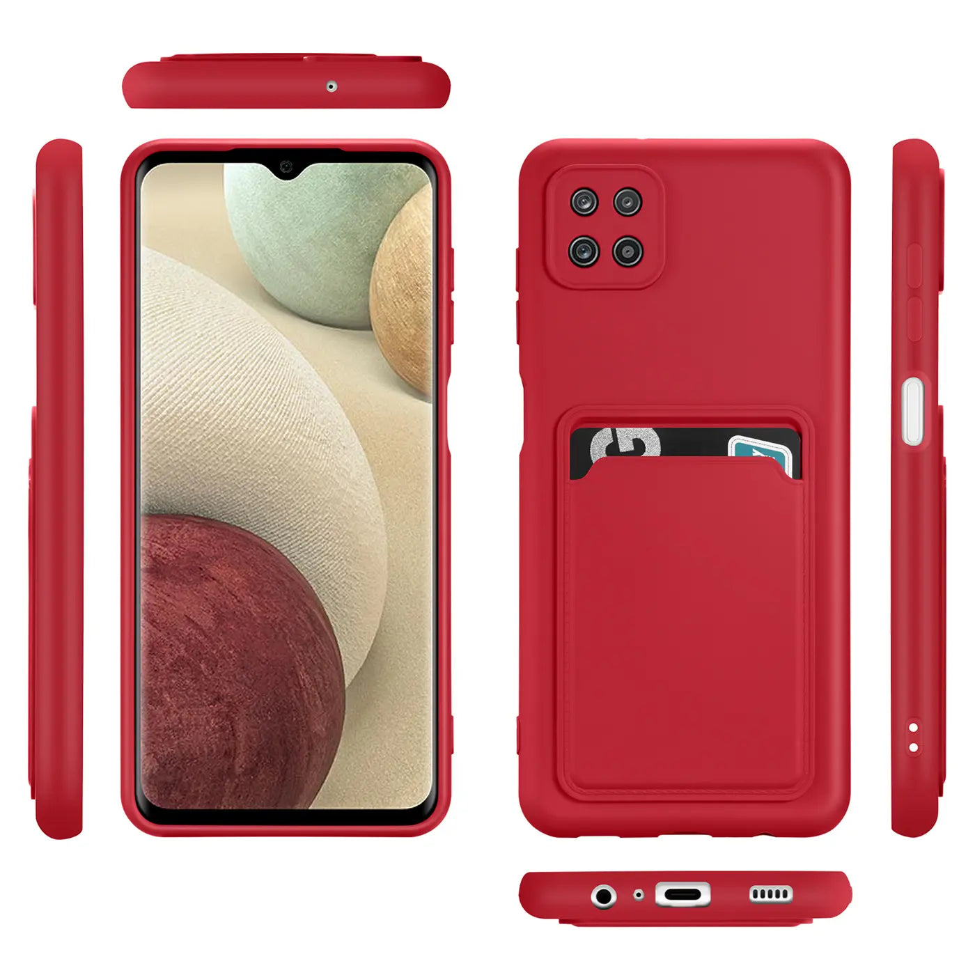 Rote Slim Hülle aus Gummi mit Kartenfach für Samsung Galaxy A22 5G, verschiedene Ansichten.