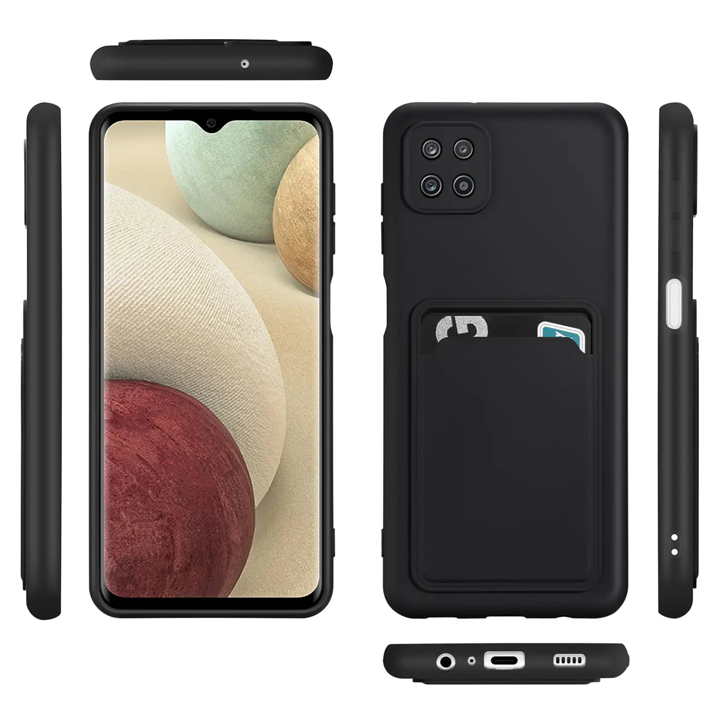 Schwarze Slim-Hülle mit Kartenfach für Samsung Galaxy A22 5G, verschiedene Ansichten.