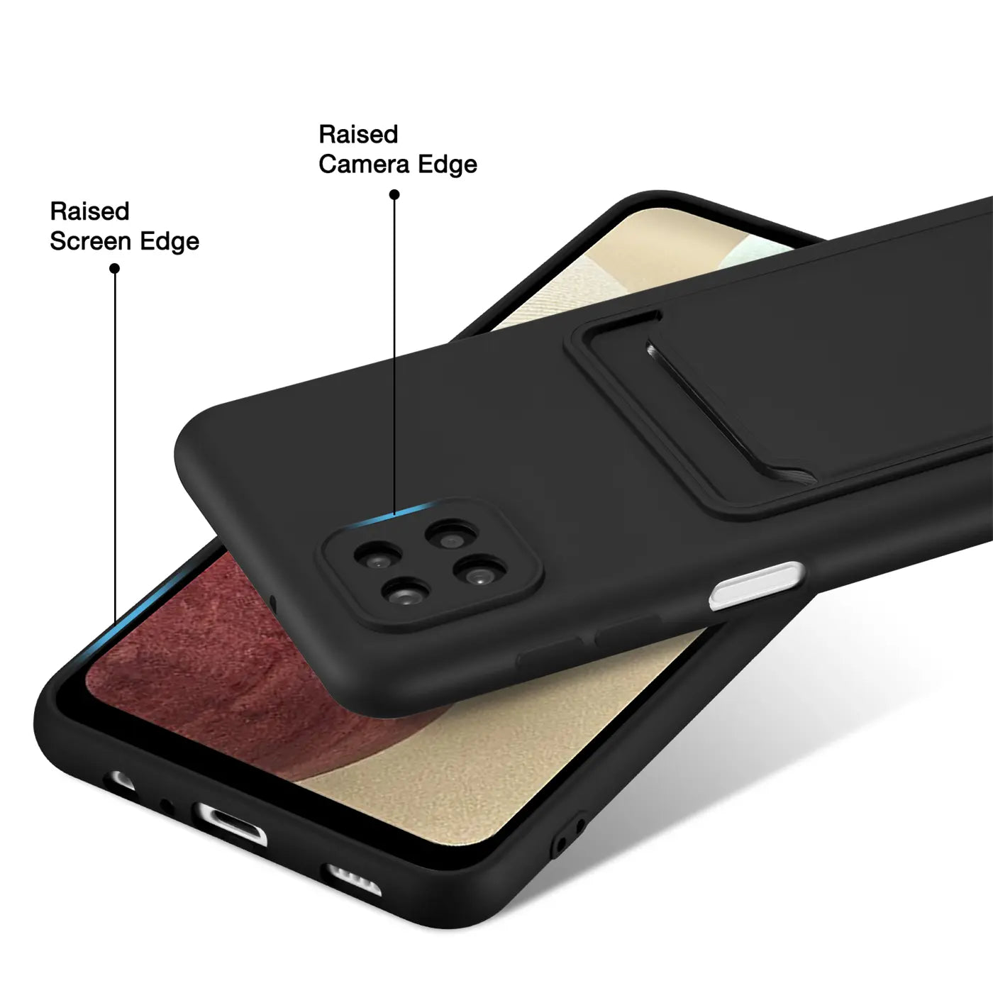Schwarze Slim Hülle aus Kunststoff mit Kartenfach, zeigt Samsung Galaxy A22 5G.