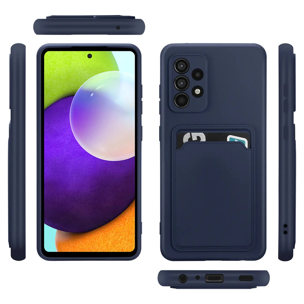 Dunkelblaue Slim Hülle aus Kunststoff mit Kartenfach, zeigt Samsung Galaxy A23 5G von vorne und hinten.