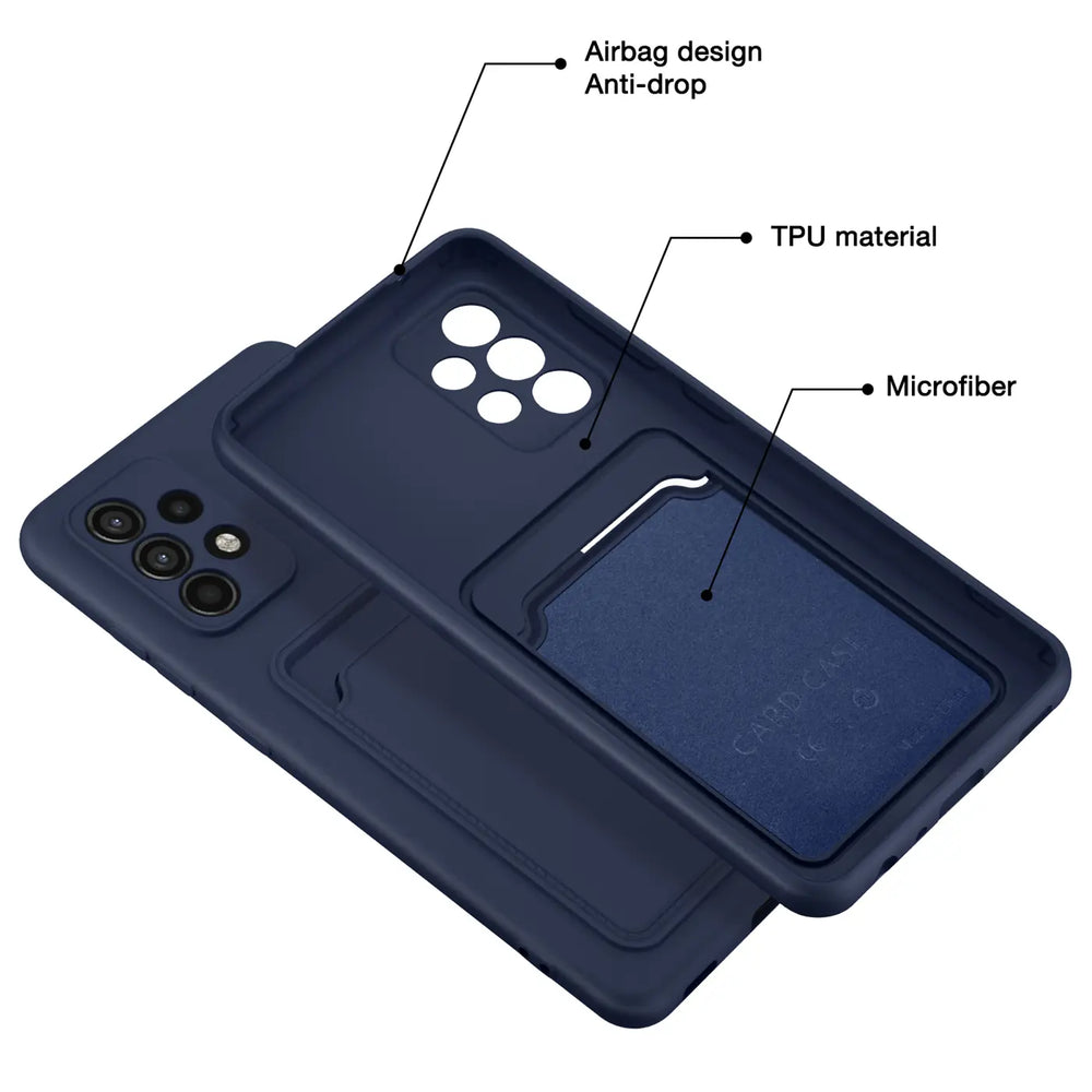 Dunkelblaue TPU-Hülle mit Kartenfach, Rückansicht, Samsung Galaxy A23 5G.