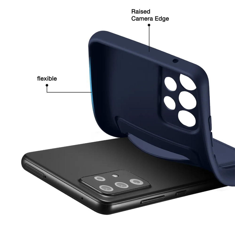 Dunkelblaue flexible Hülle, von hinten gezeigt, auf Samsung Galaxy A23 5G.