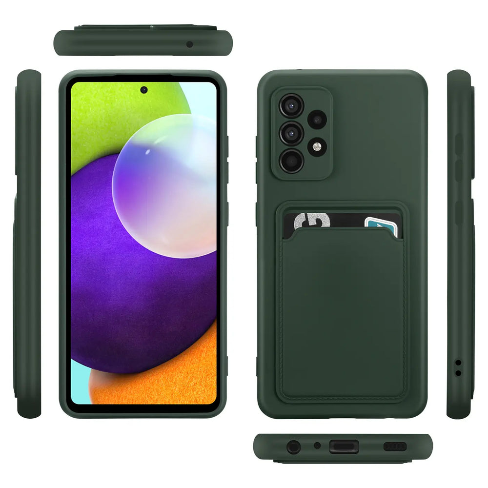 Dunkelgrüne Slim Hülle aus Kunststoff mit Kartenfach für Samsung Galaxy A23 5G, verschiedene Ansichten.