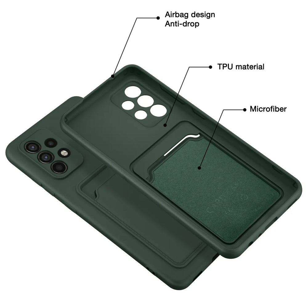 Dunkelgrüne TPU-Hülle mit Kartenfach, Innenfutter aus Mikrofaser, für Samsung Galaxy A23 5G.