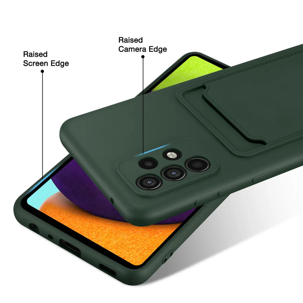 Dunkelgrüne Slim Hülle aus Kunststoff mit Kartenfach, zeigt Samsung Galaxy A23 5G.