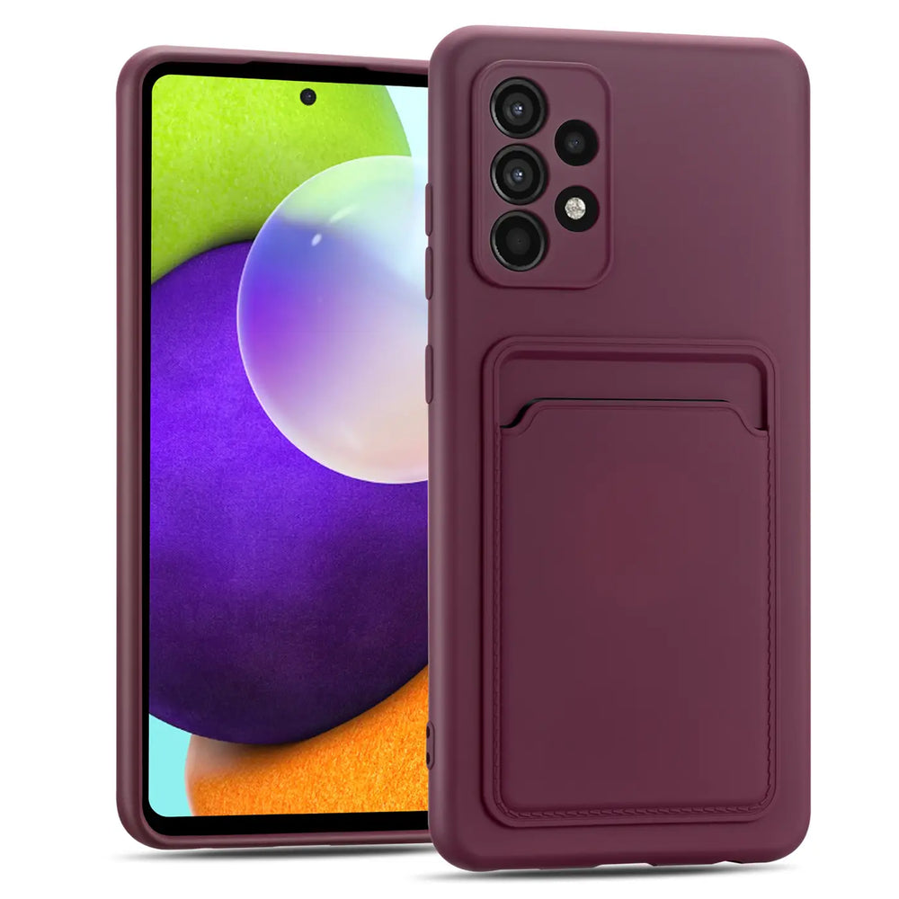 Dunkelrote Slim Hülle aus Kunststoff mit Kartenfach für Samsung Galaxy A23 5G, von vorne schräg.