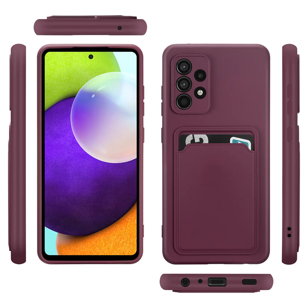 Dunkelrote Slim Hülle aus Kunststoff mit Kartenfach, zeigt Samsung Galaxy A23 5G von vorne, hinten, Seite, oben, unten.
