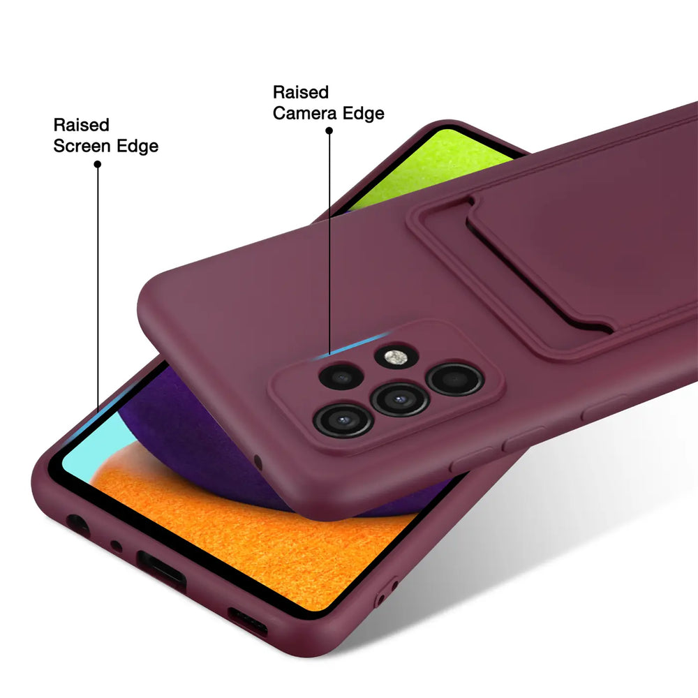 Dunkelrote Slim-Hülle aus Kunststoff mit Kartenfach, zeigt Samsung Galaxy A23 5G.