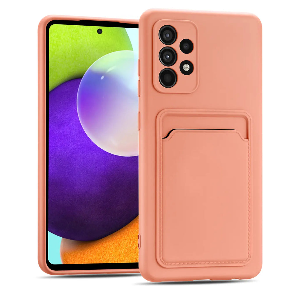 Pfirsichfarbene Slim Hülle aus Silikon mit Kartenfach, Vorder- und Rückansicht, Samsung Galaxy A23 5G.
